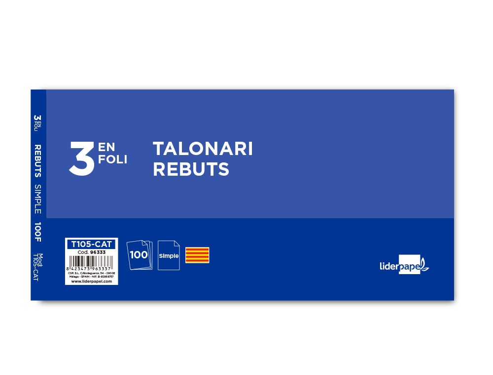 TALONARIO LIDERPAPEL RECIBOS 3/F ORIGINAL T105 CON MATRIZ TEXTO EN CATALAN