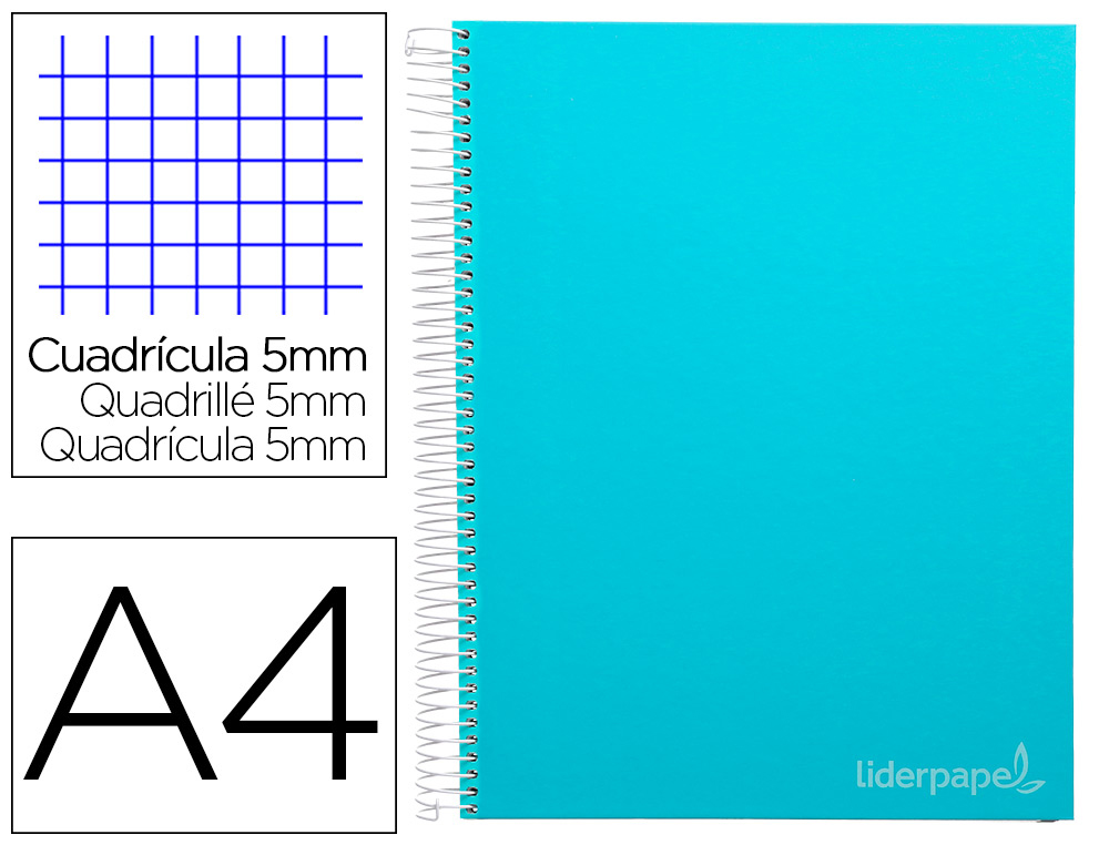 CUADERNO ESPIRAL LIDERPAPEL A4 MICRO JOLLY TAPA FORRADA 140H 75 GR CUADRO 5MM 5 BANDAS4 TALADROS COLOR CELESTE