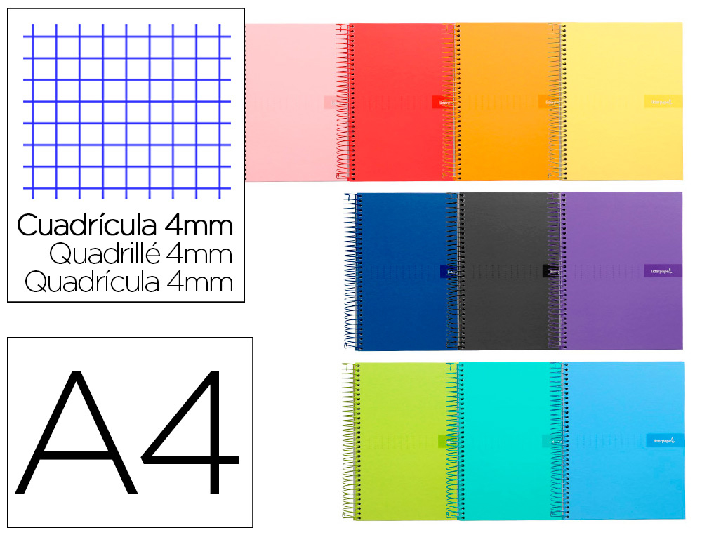 CUADERNO ESPIRAL LIDERPAPEL A4 CRAFTY TAPA FORRADA 80H 90 GR CUADRO 4 MM CON MARGEN COLORES SURTIDOS