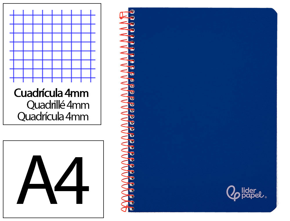 CUADERNO ESPIRAL LIDERPAPEL DIN A4 WITTY TAPA DURA 80H 90GR CUADRO 4MM CON MARGEN COLOR AZUL OSCURO