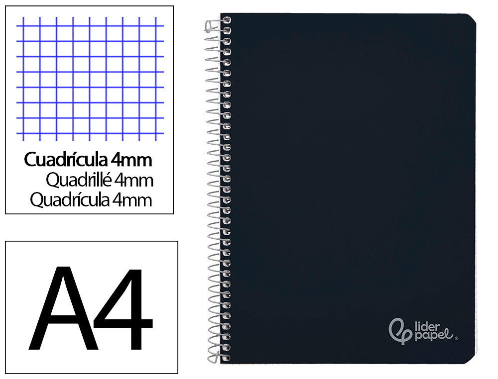 CUADERNO ESPIRAL LIDERPAPEL DIN A4 WITTY TAPA DURA 80H 90GR CUADRO 4MM CON MARGEN COLOR NEGRO
