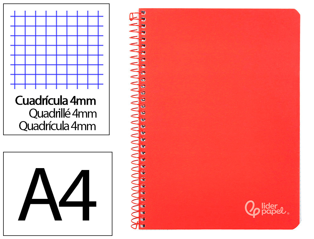 CUADERNO ESPIRAL LIDERPAPEL DIN A4 WITTY TAPA DURA 80H 90GR CUADRO 4MM CON MARGEN COLOR ROJO