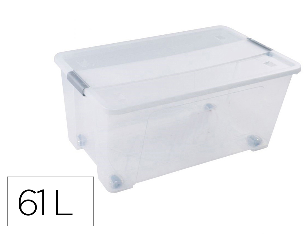 CAJA DE ALMACENAJE ARCHIVO 2000 POLIPROPILENO 61 LITROS APILABLE Y ENCAJABLE CON TAPA Y RUEDAS TRANSPARENTE