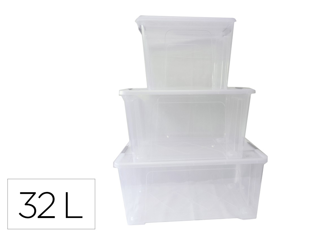CAJA DE ALMACENAJE ARCHIVO 2000 POLIPROPILENO 32 LITROS APILABLE Y ENCAJABLE CON TAPA Y RUEDAS TRANSPARENTE